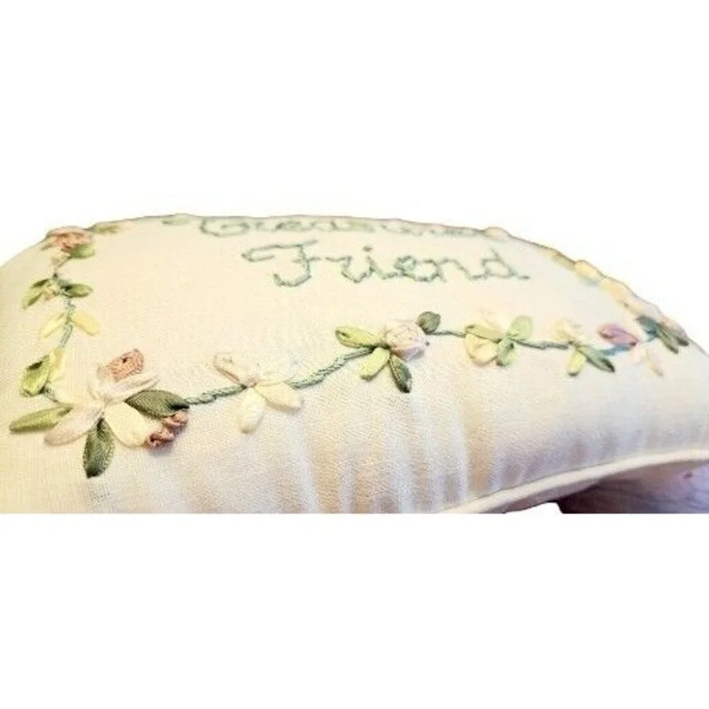 Treasured Friend Ribbon Embroidery Floral Accent Pillow Cream‎ 11x8